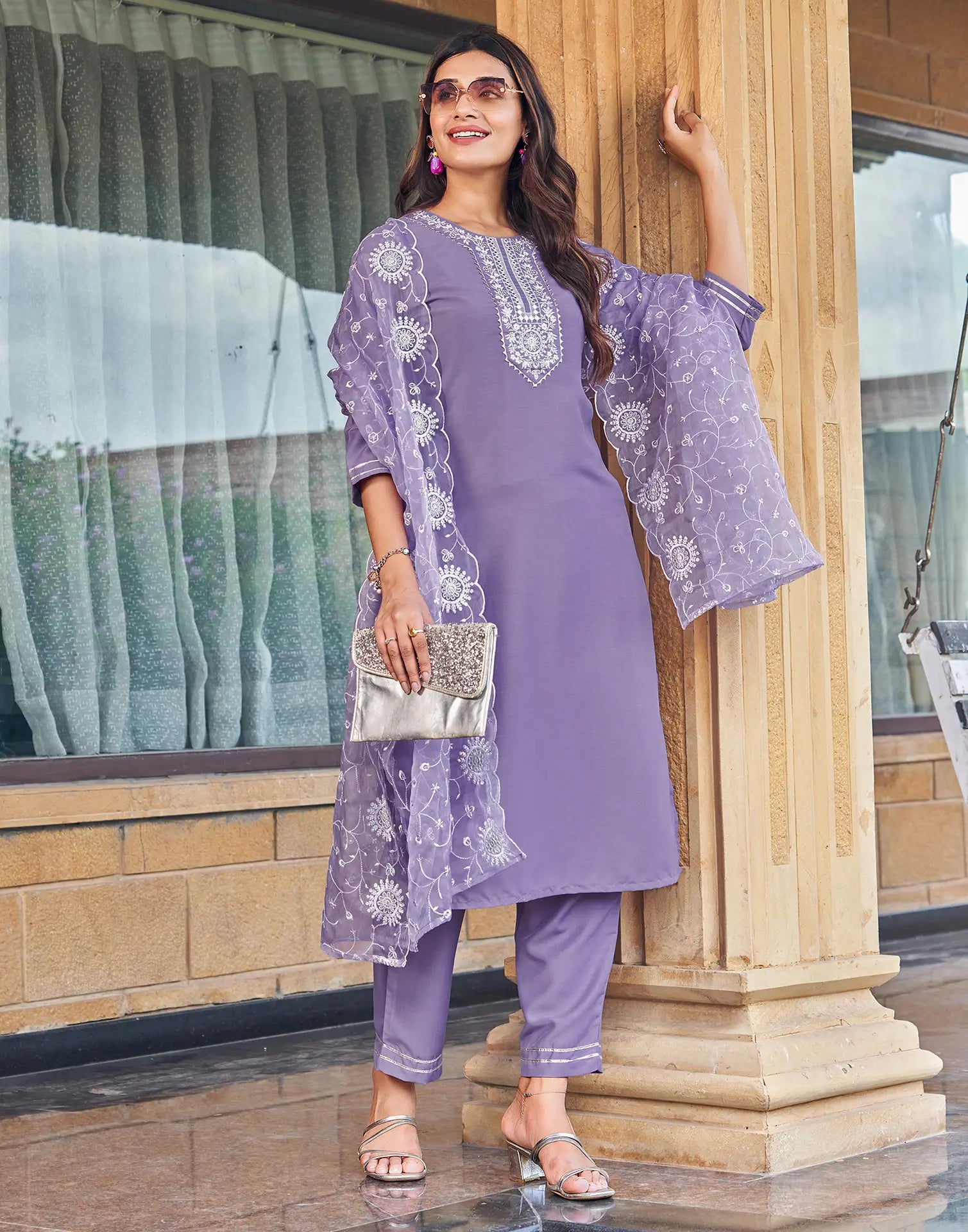 Cotton Blend Embroidered Straight 3 Piece Kurta Set