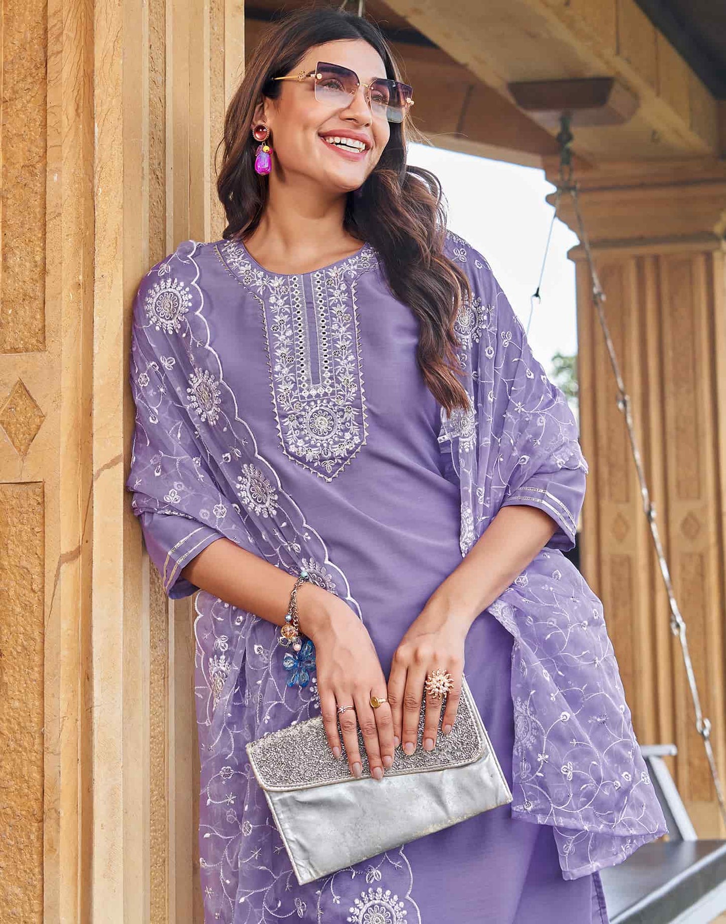 Cotton Blend Embroidered Straight Kurta with Pant & Dupatta