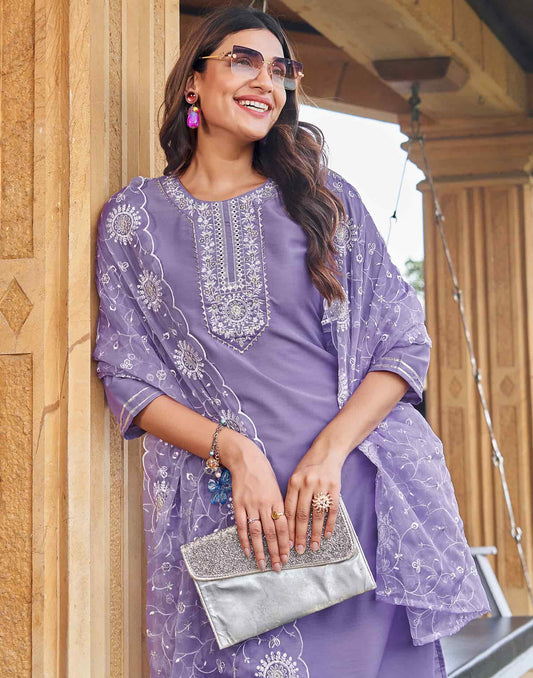 Cotton Blend Embroidered Straight Kurta with Pant & Dupatta