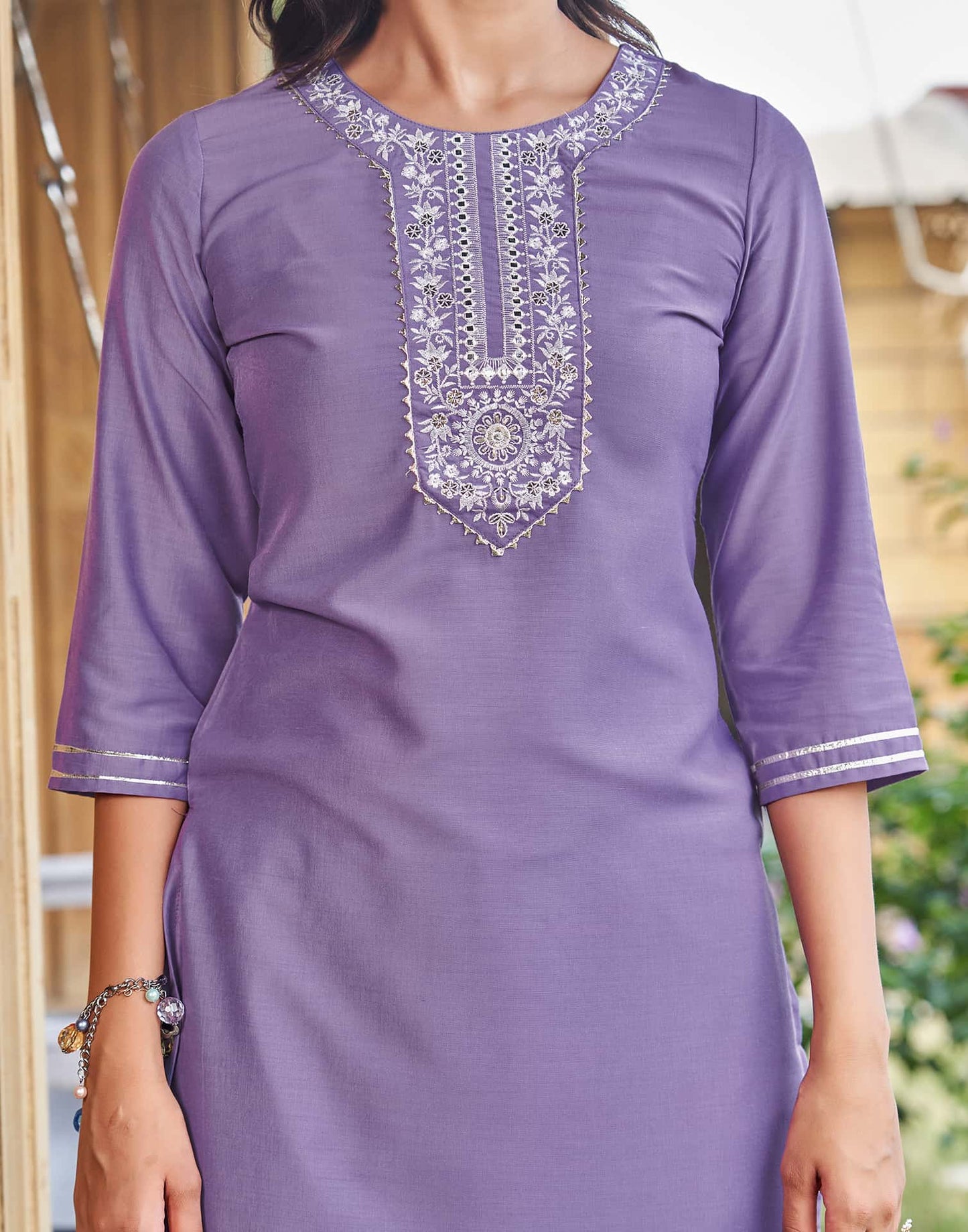 Cotton Blend Embroidered Straight Kurta with Pant & Dupatta