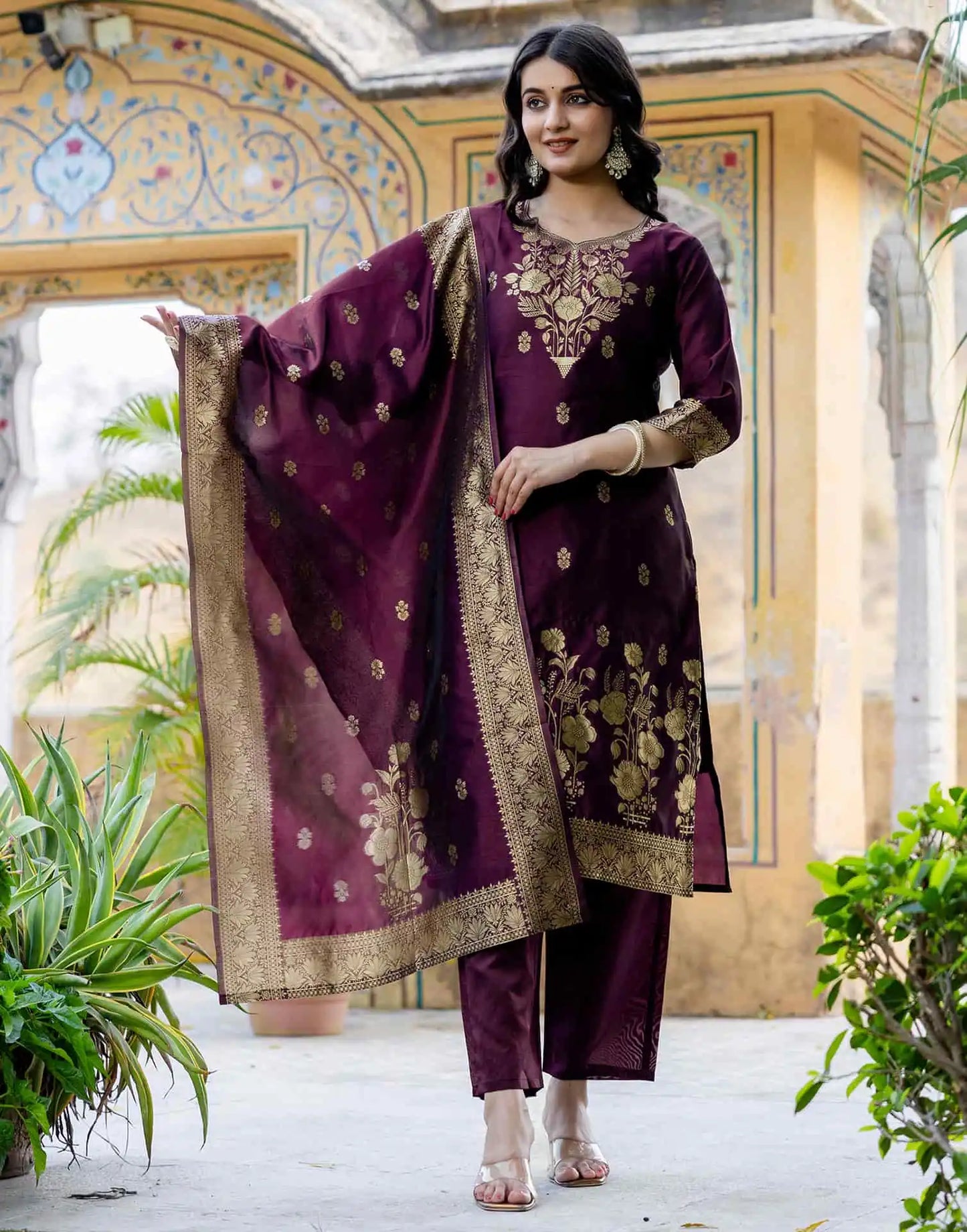 Purple Silk Blend Weaving Straight Kurta Set for Women with Pant & Dupatta