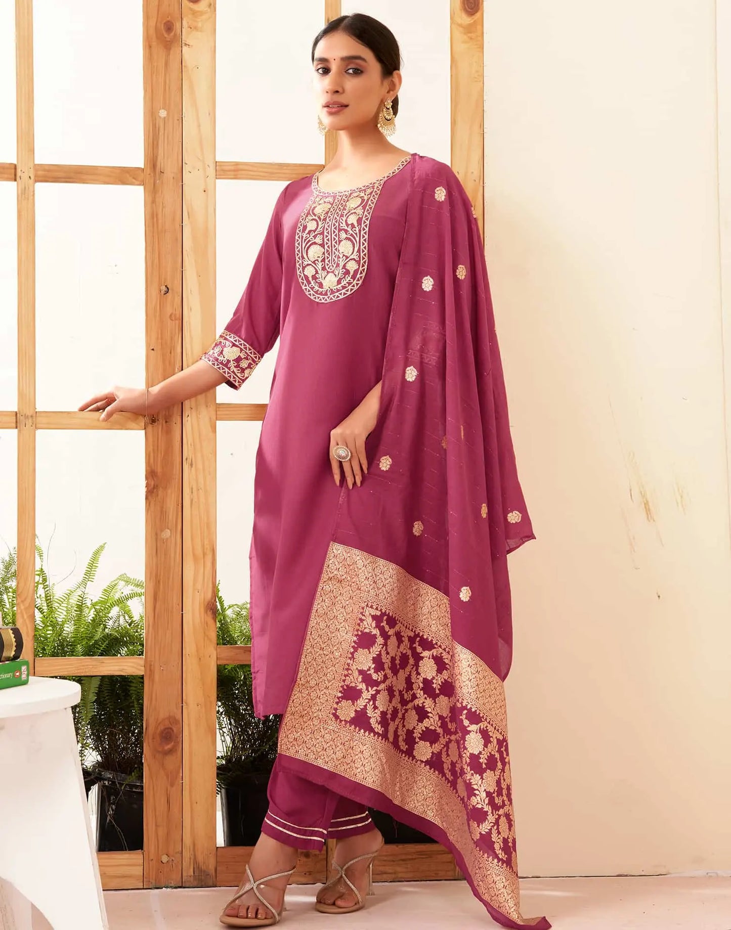 Silk Blend Solid Straight Kurta with Pant & Dupatta