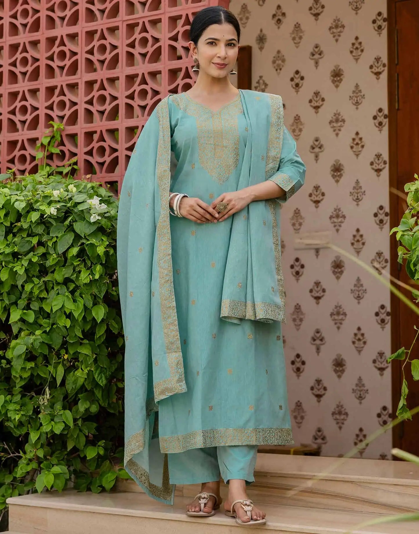 Affordable Light Blue Cotton Woven Straight Kurta Set V-Neck Woven Cotton Kurti with Pant & Dupatta