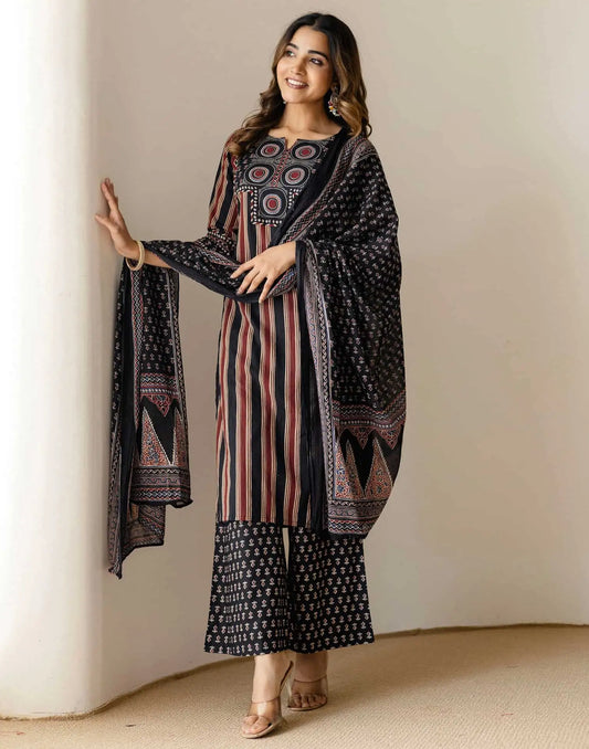 Affordable Black Cotton Printed Straight Kurta Set with Palazzo & Dupatta under 999