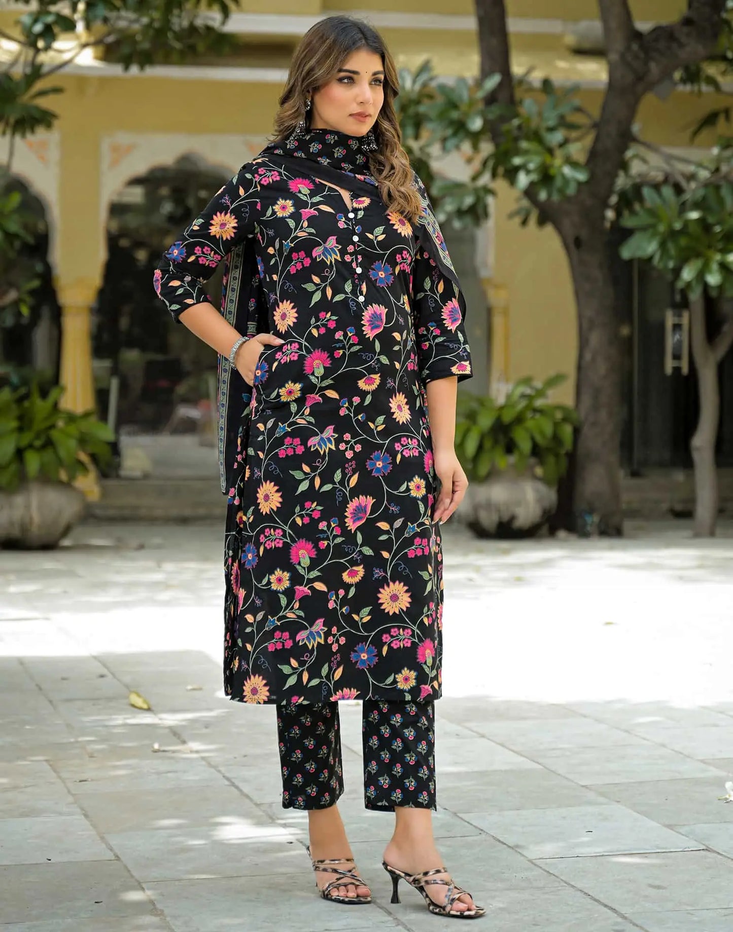 Cotton Straight Printed Round Neck Kurta with Pant & Dupatta
