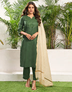 Cotton Blend Embroidered Straight 3 Piece Kurta Set