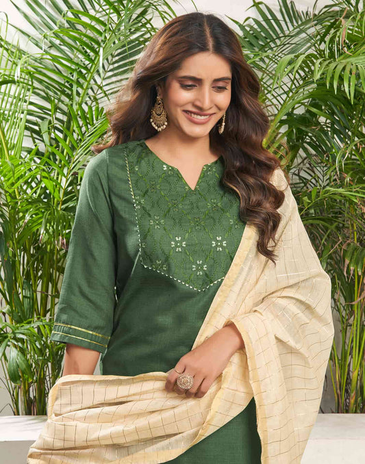 Cotton Blend Sequence, Embroidery Work and Gota Lace Straight Kurta with Pant & Dupatta