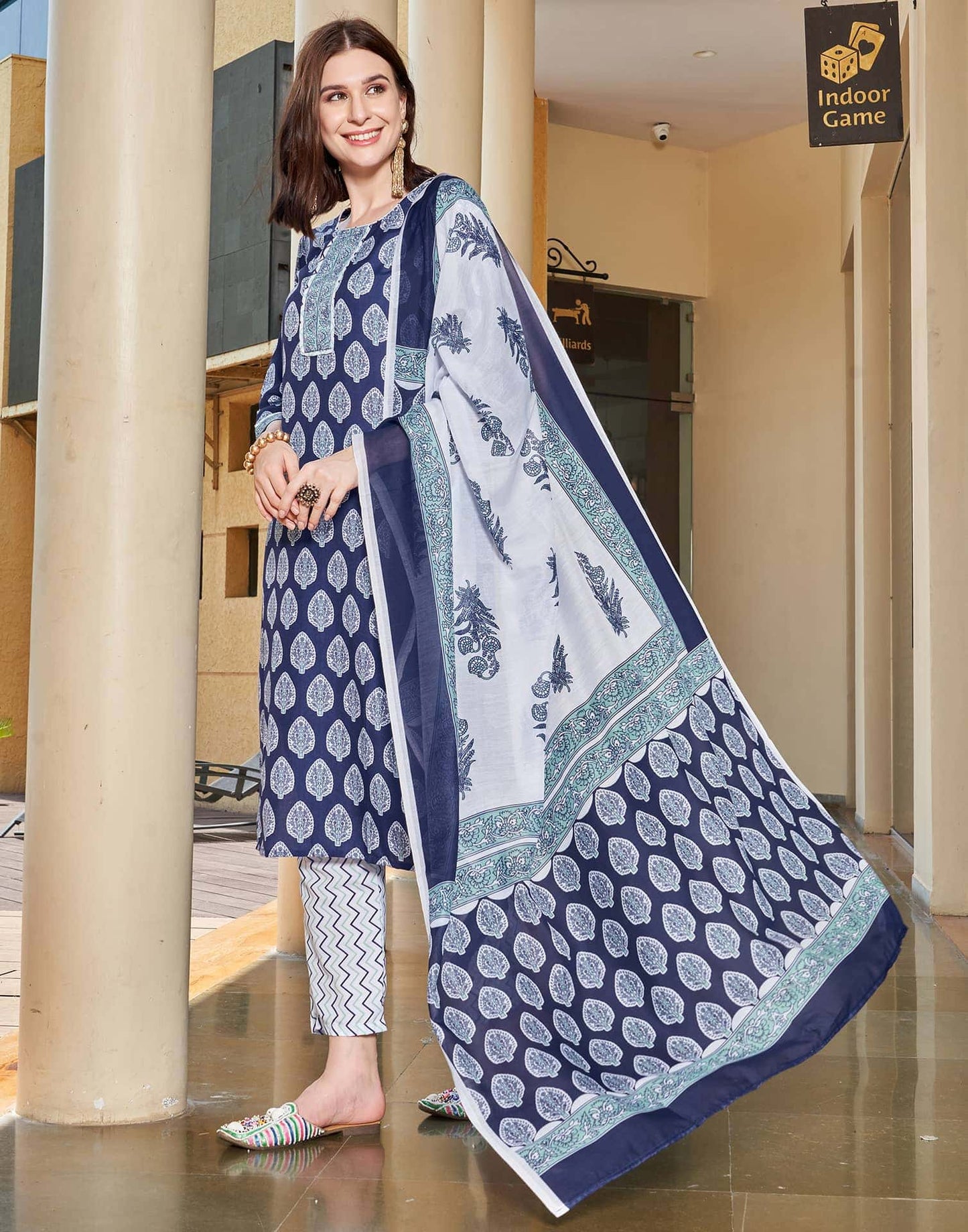 Rayon Floral Printed and Printed Fabric Lace Straight Kurta with Pant & Dupatta