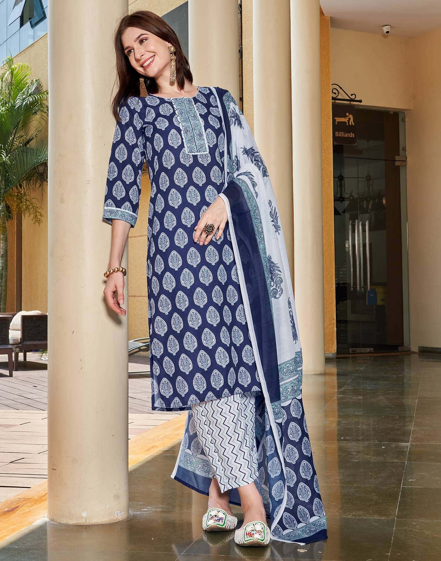 Rayon Floral Printed and Printed Fabric Lace Straight Kurta with Pant & Dupatta