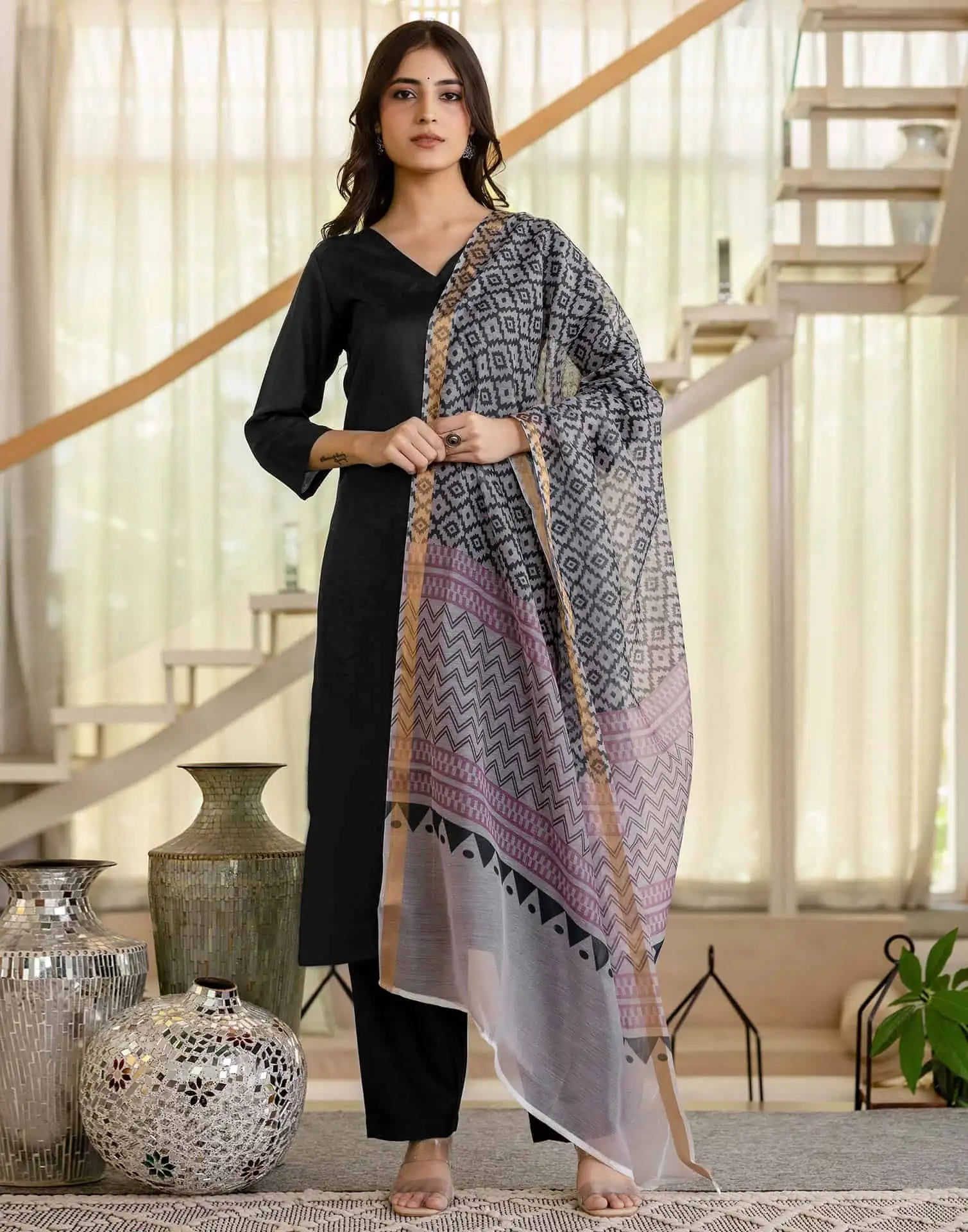 Affordable Black Cotton Blend Kurta Set with Pant & Dupatta for Women