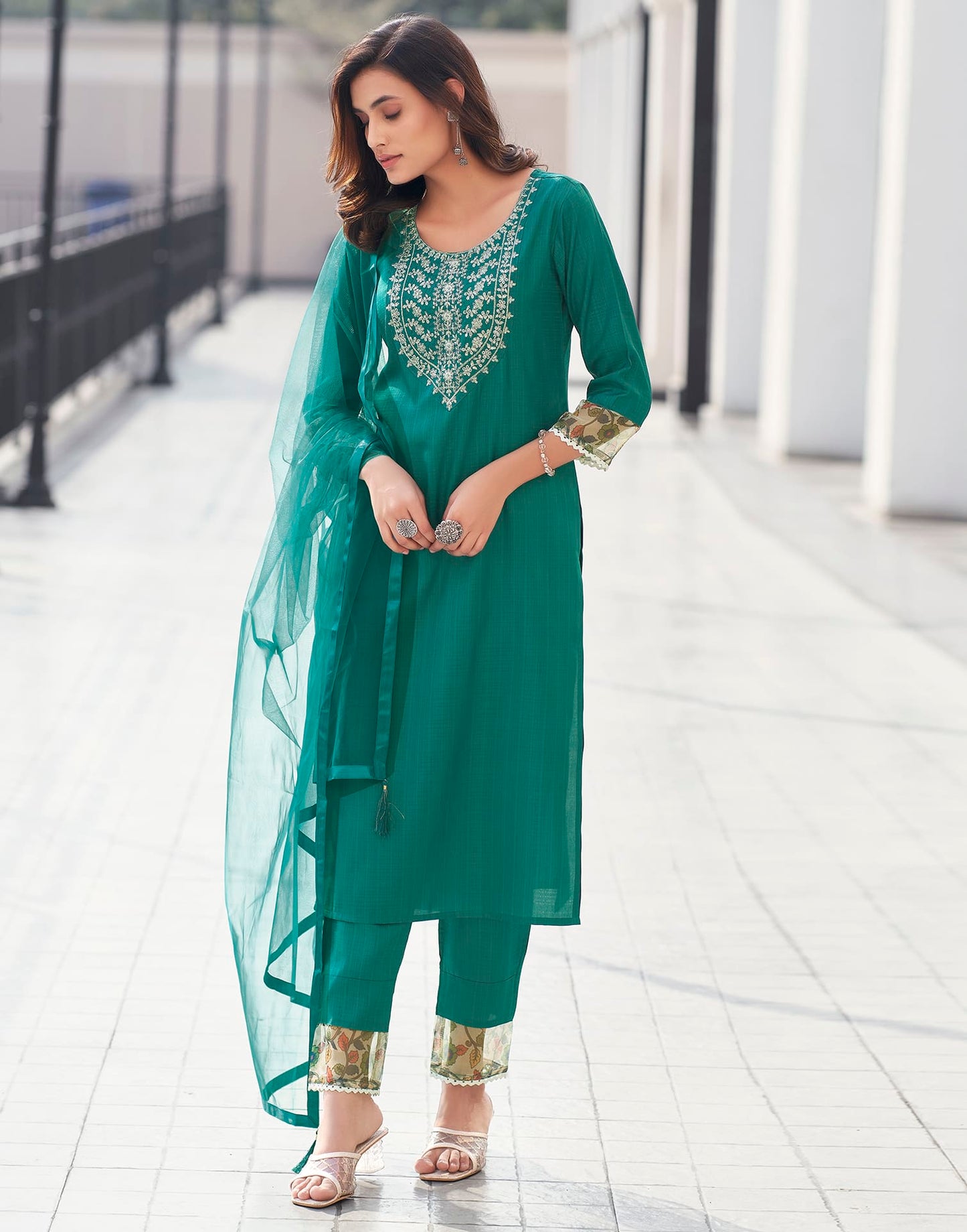 Silk Blend Sequence Embroidery Work and Lace Straight Kurta with Pant & Dupatta