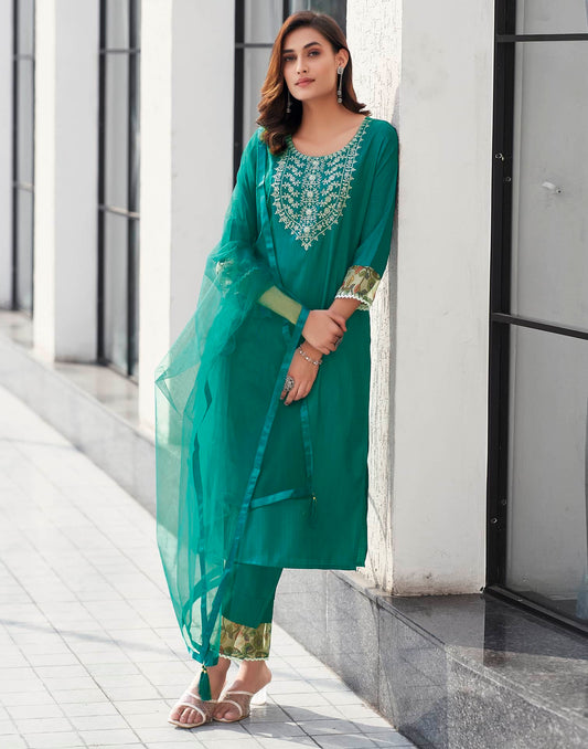 Silk Blend Sequence Embroidery Work and Lace Straight Kurta with Pant & Dupatta