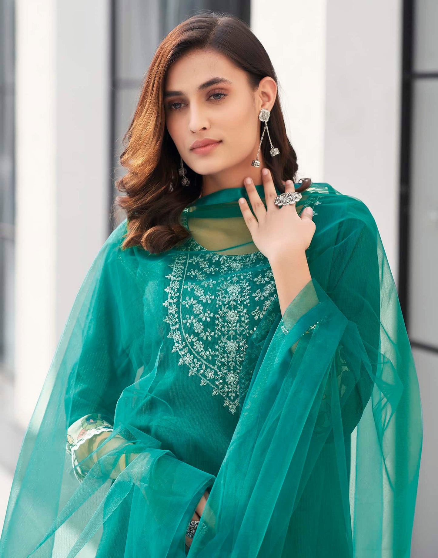 Silk Blend Sequence Embroidery Work and Lace Straight Kurta with Pant & Dupatta