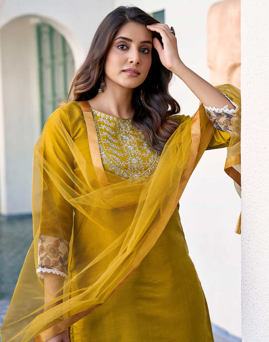 Silk Blend Sequence Embroidery Work and Lace Straight Kurta with Pant & Dupatta