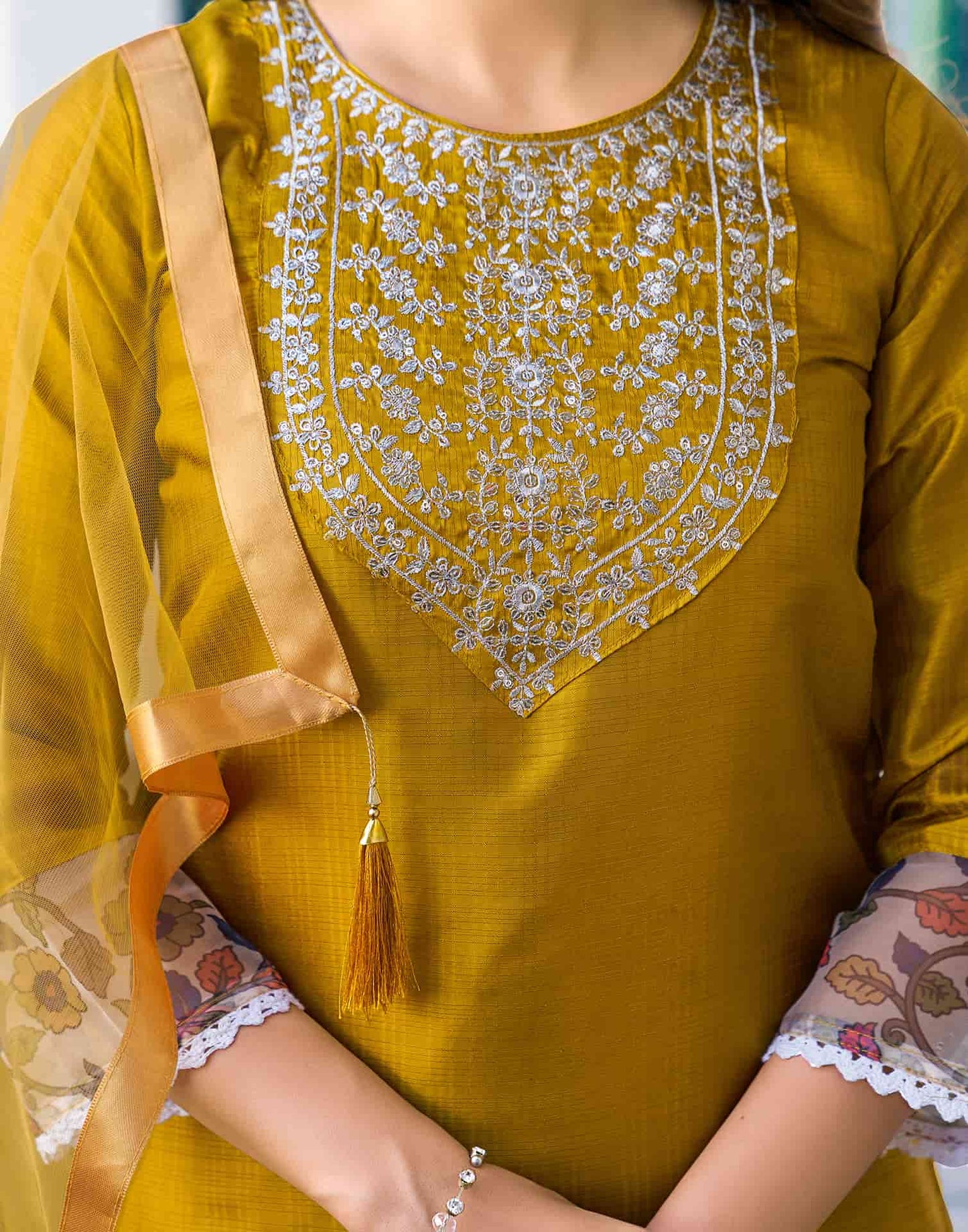 Silk Blend Sequence Embroidery Work and Lace Straight Kurta with Pant & Dupatta