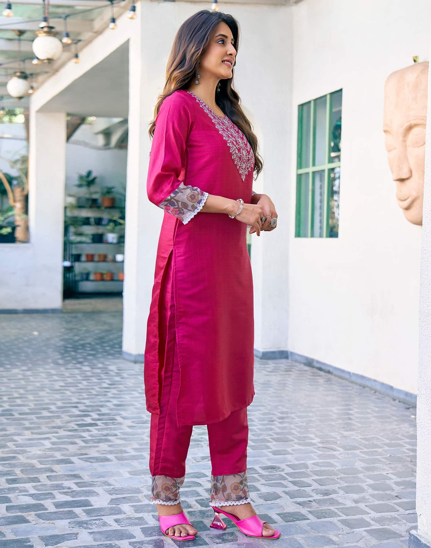 Silk Blend Sequence Embroidery Work and Lace Straight Kurta with Pant & Dupatta
