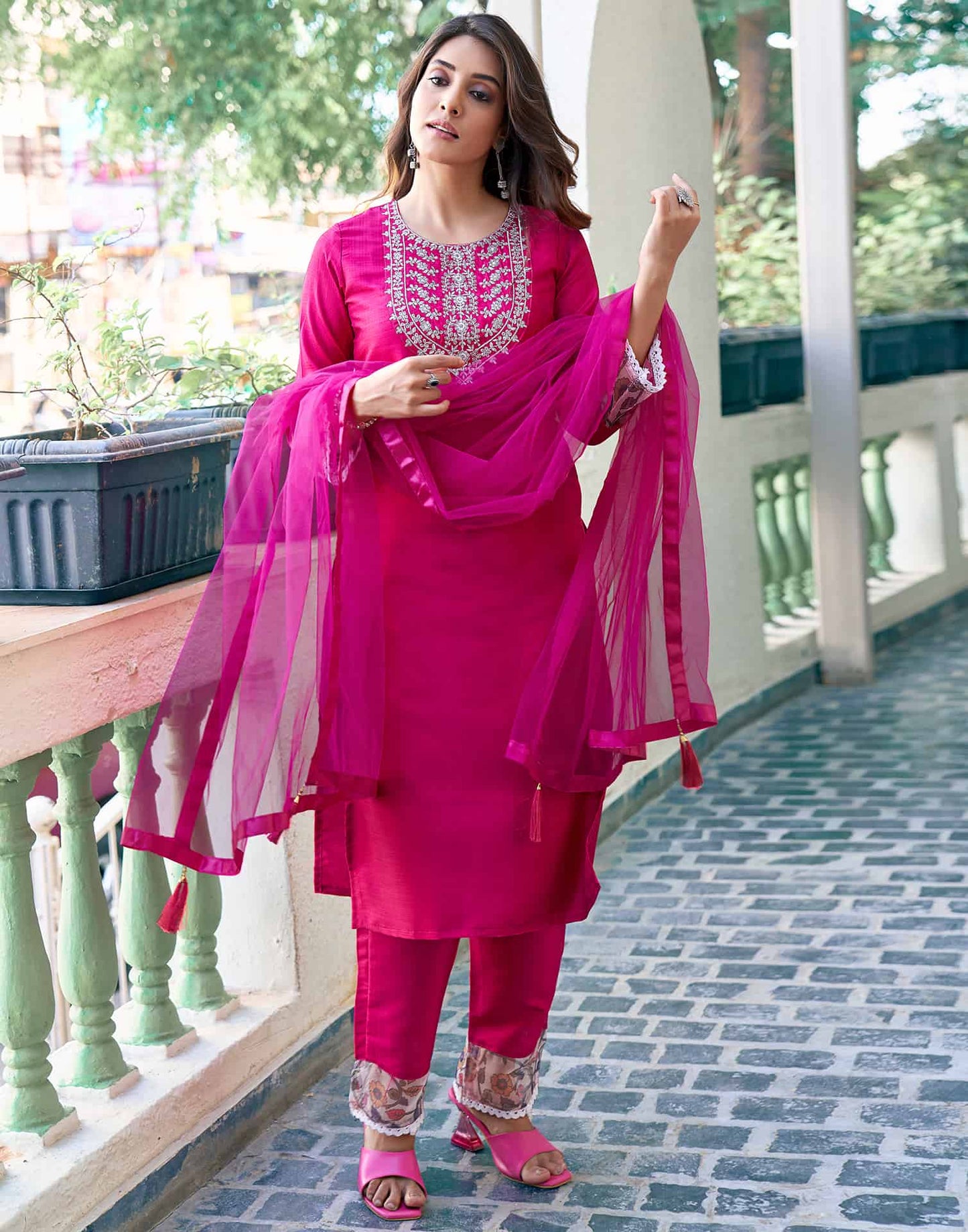 Silk Blend Sequence Embroidery Work and Lace Straight Kurta with Pant & Dupatta