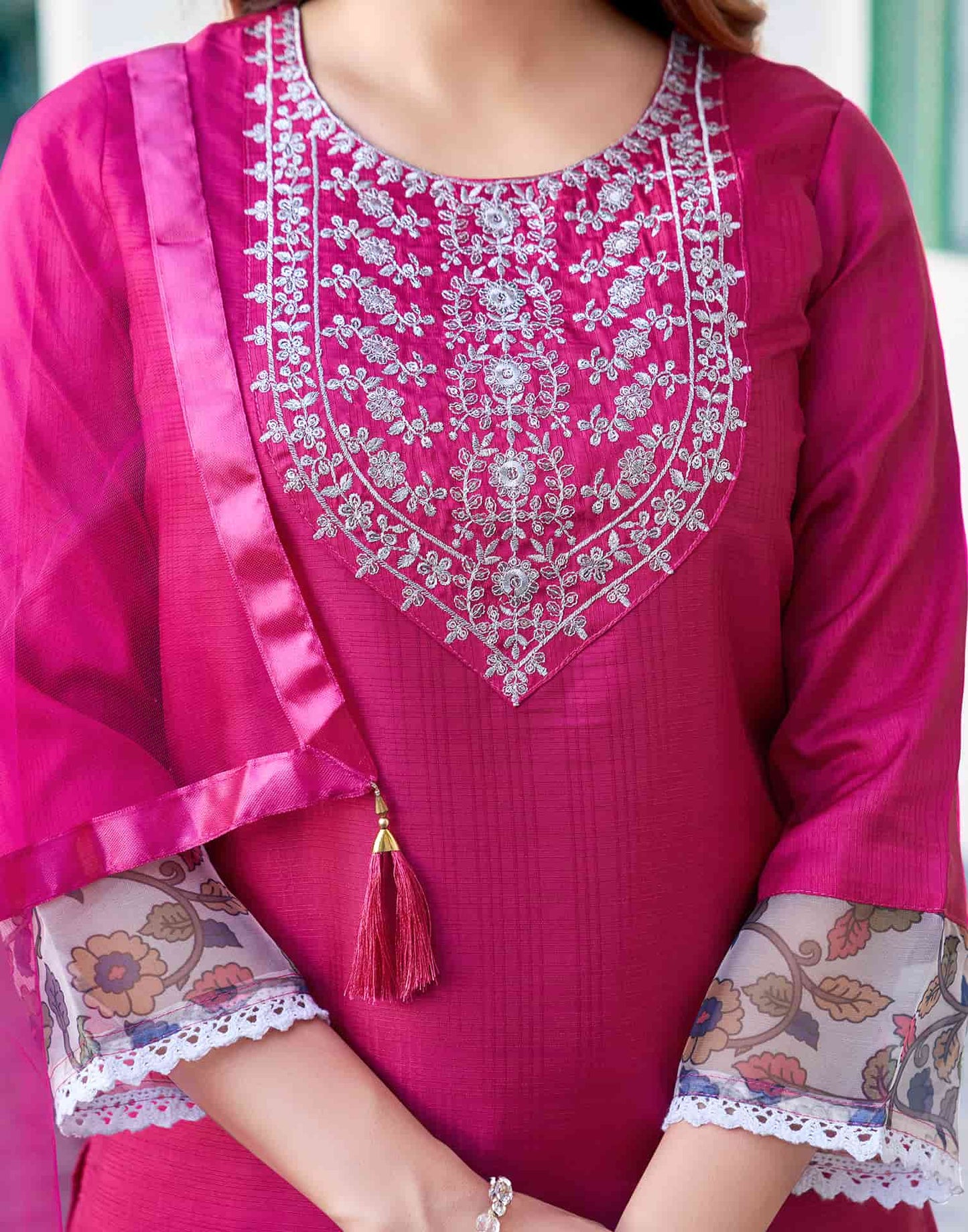 Silk Blend Sequence Embroidery Work and Lace Straight Kurta with Pant & Dupatta