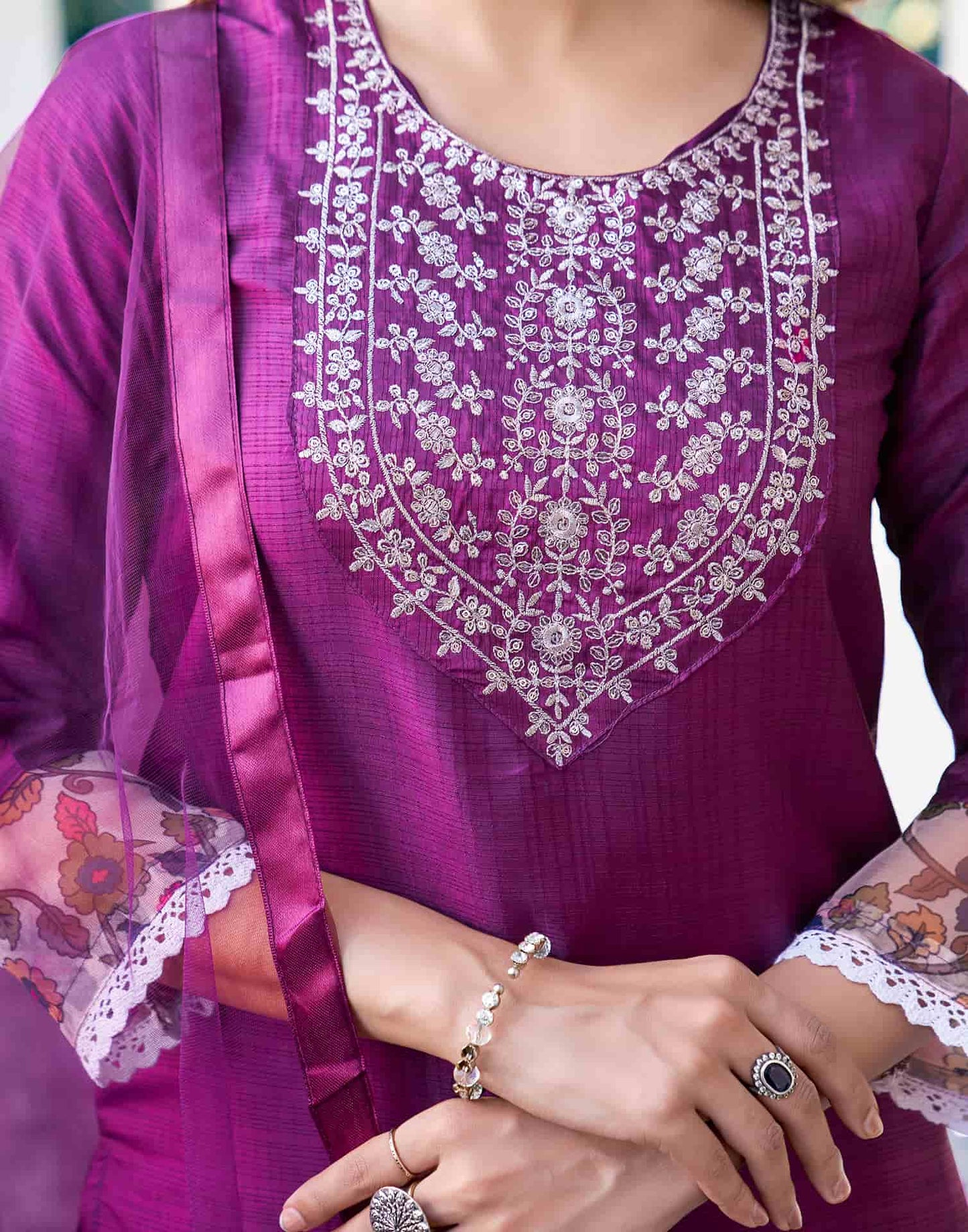 Silk Blend Sequence Embroidery Work and Lace Straight Kurta with Pant & Dupatta