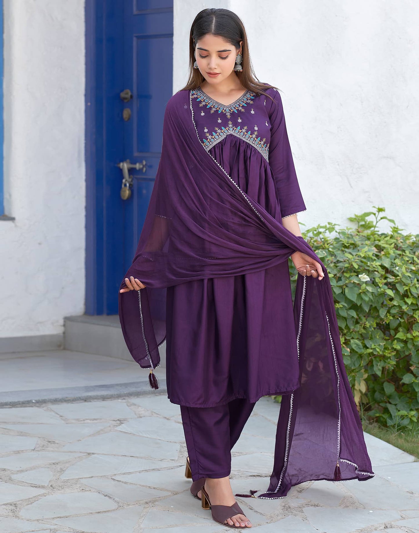 Silk Blend Sequence Embroidery Work and Gota Lace Alia Cut Kurta with Pant & Dupatta