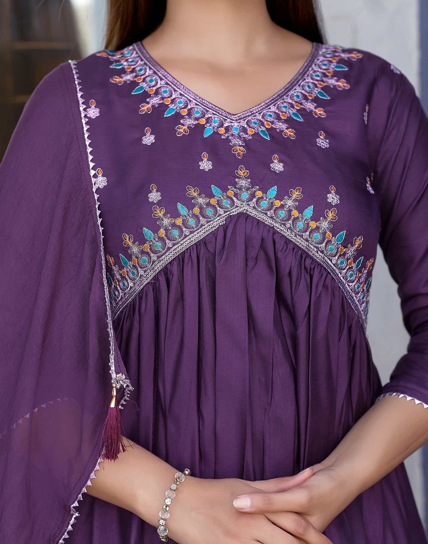 Silk Blend Sequence Embroidery Work and Gota Lace Alia Cut Kurta with Pant & Dupatta