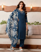 Cotton Blend Embroidered Straight 3 Piece Kurta Set