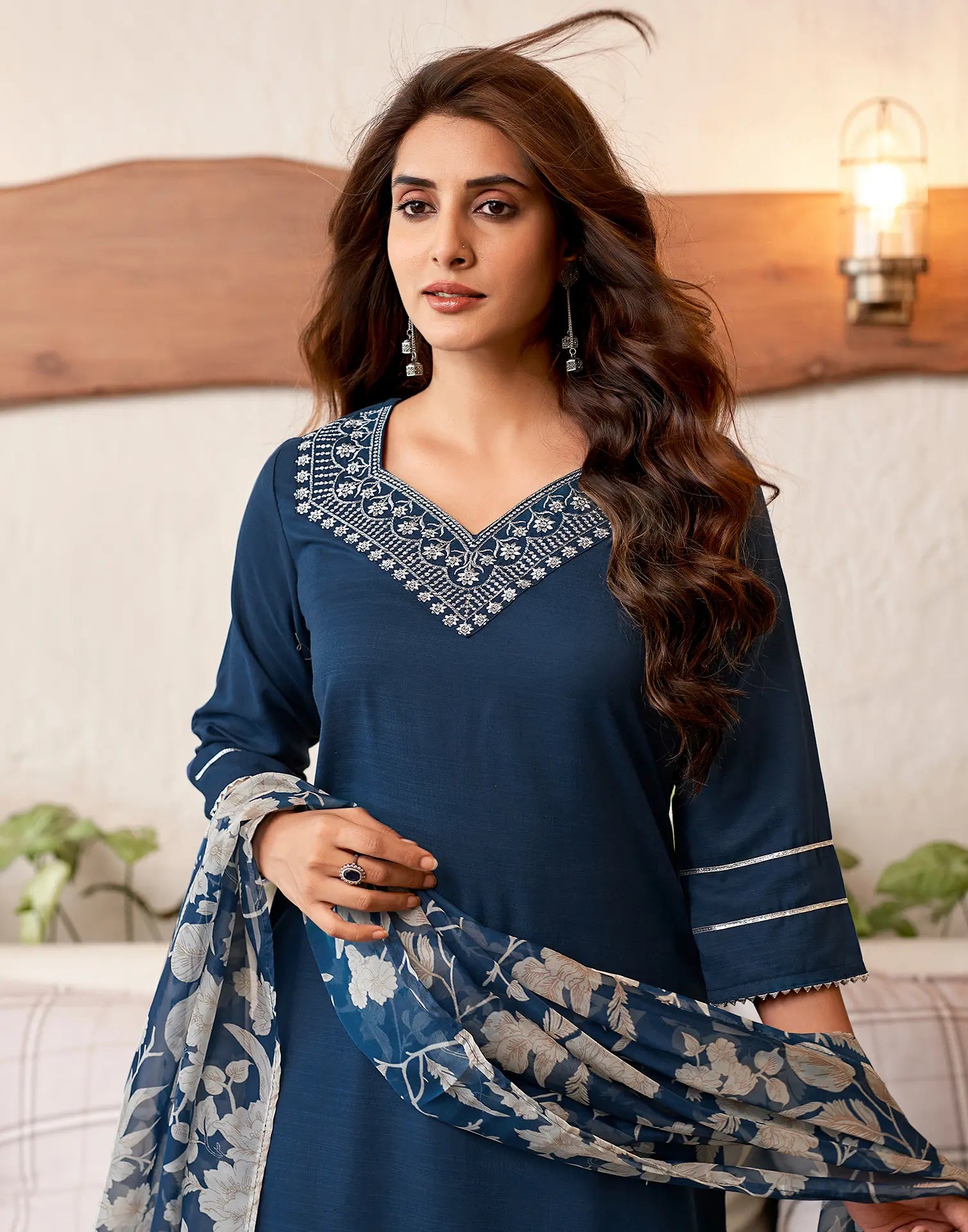 Cotton Blend Embroidered Straight 3 Piece Kurta Set