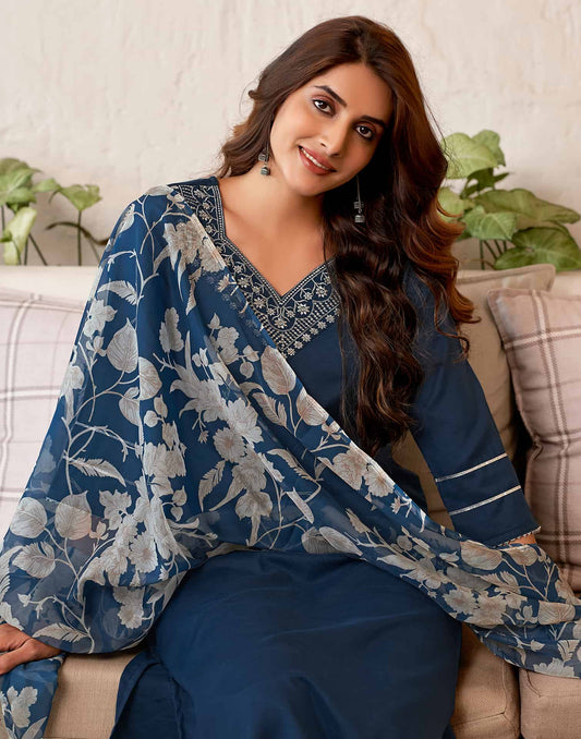 Cotton Blend Sequence, Embroidery Work and Gota Lace Straight Kurta with Pant & Dupatta