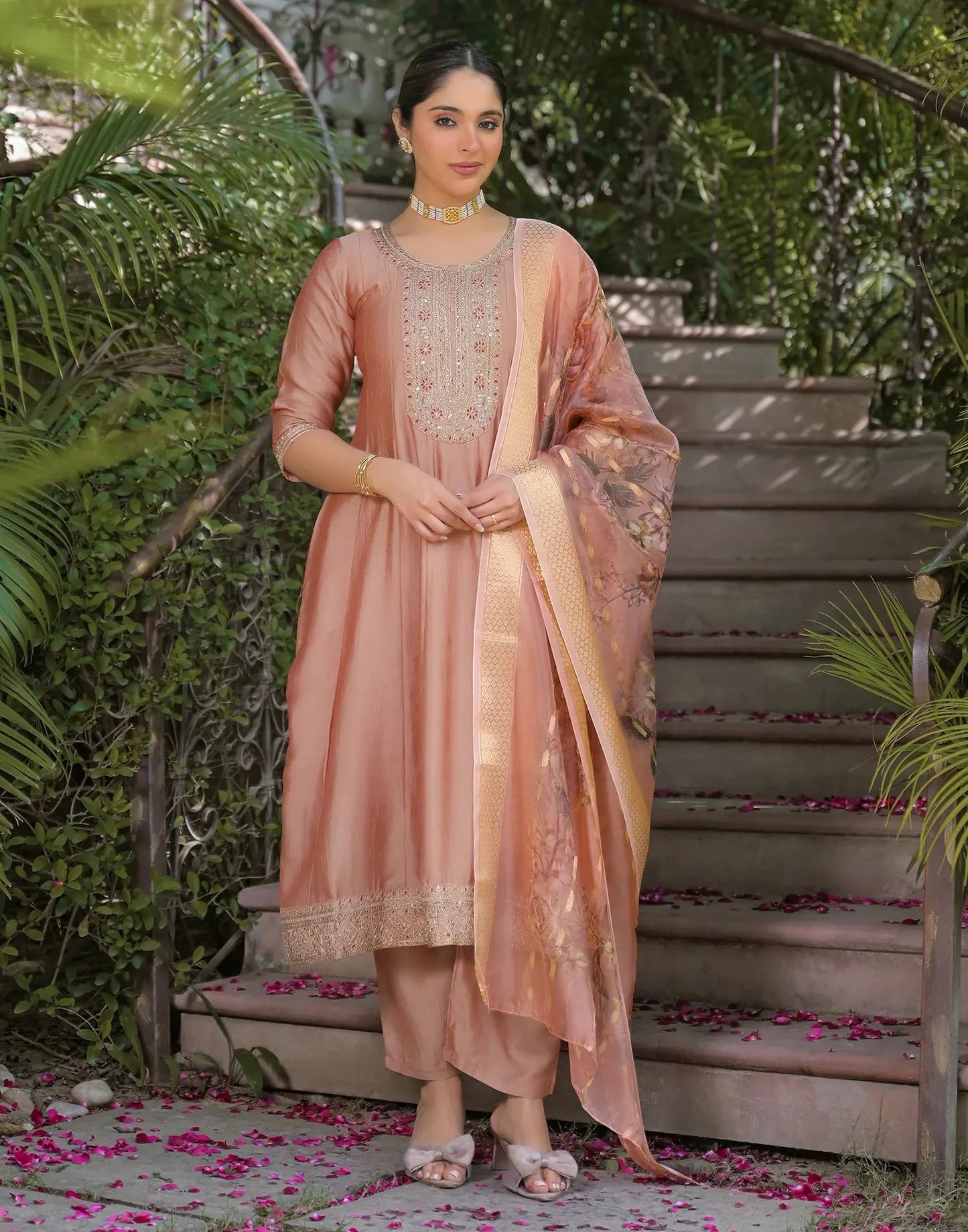 Silk Embroidered Round Neck Flared Kurta with Pant & Dupatta