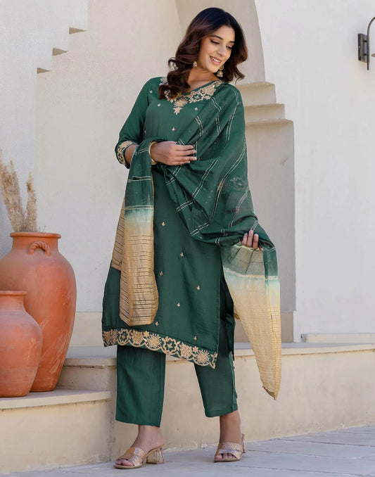 Silk Blend Embroidery, Sequin Work and Embroidery Lace Straight Kurta with Pant & Dupatta