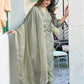 Tea Green Silk Floral Printed V Neck 3/4 Sleeve Straight Kurta Set With Pant & Dupatta