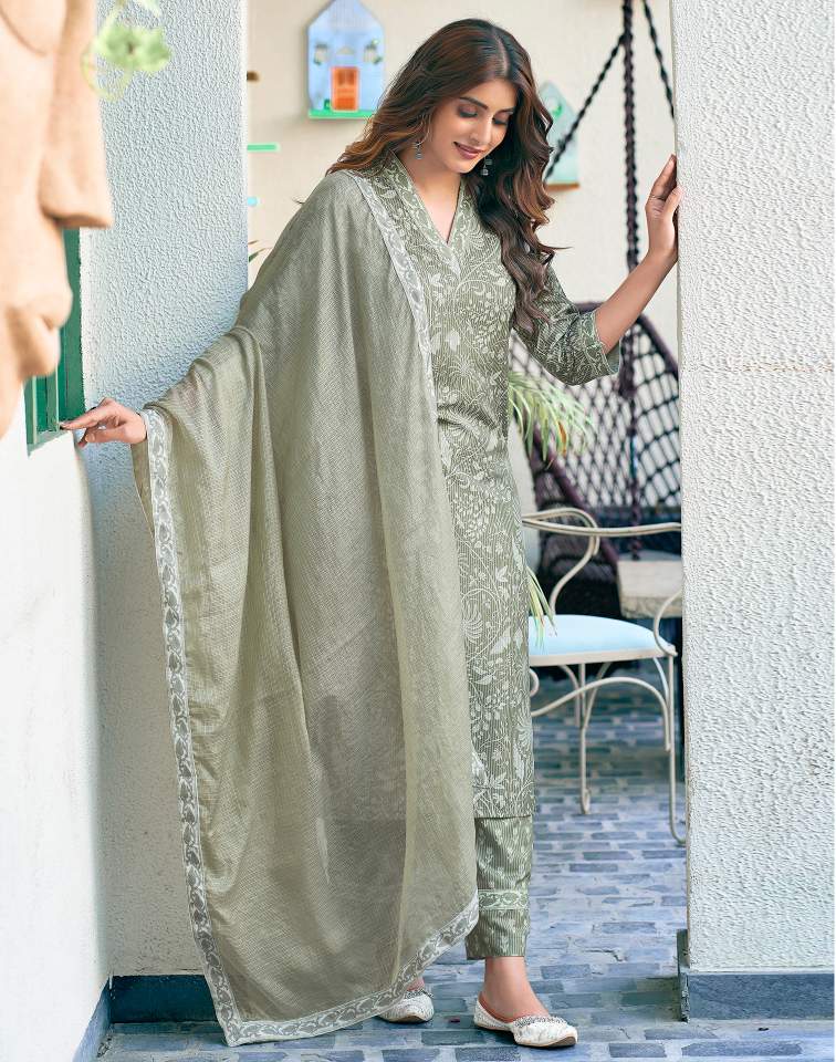 Tea Green Silk Floral Printed V Neck 3/4 Sleeve Straight Kurta Set With Pant & Dupatta