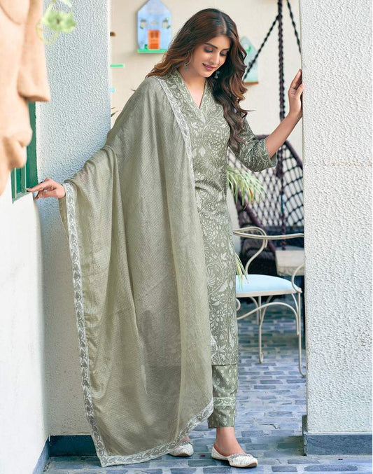 Tea Green Silk Floral Printed V Neck 3/4 Sleeve Straight Kurta Set With Pant & Dupatta
