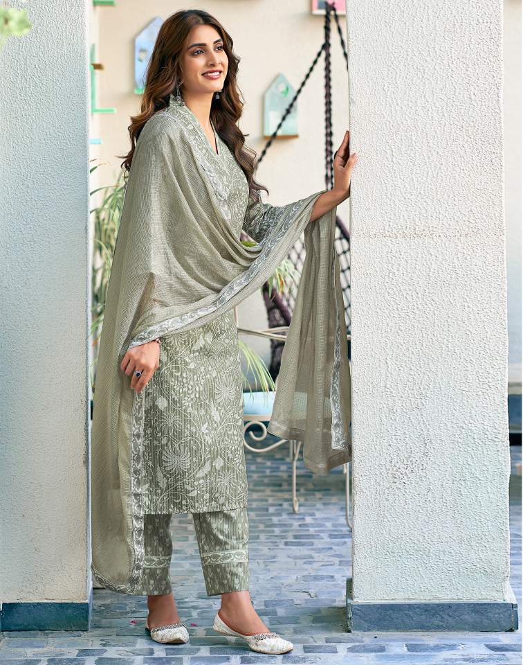 Tea Green Silk Floral Printed V Neck 3/4 Sleeve Straight Kurta Set With Pant & Dupatta