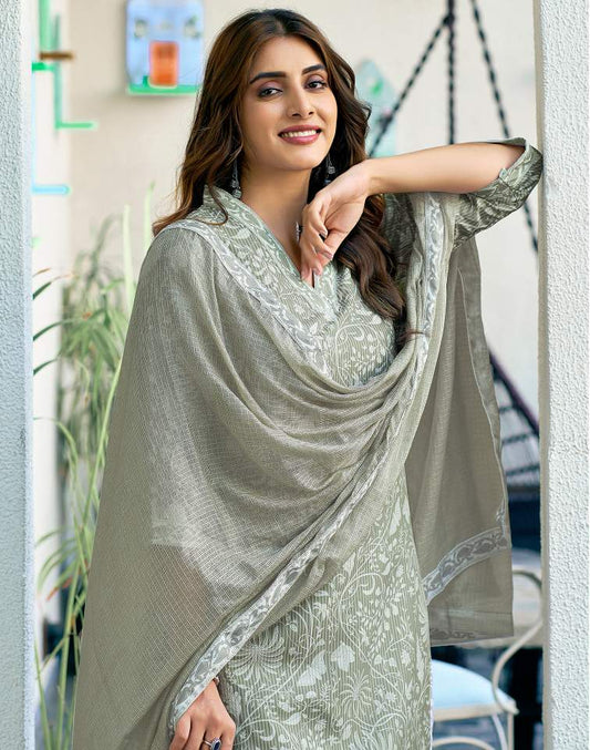 Tea Green Silk Floral Printed V Neck 3/4 Sleeve Straight Kurta Set With Pant & Dupatta