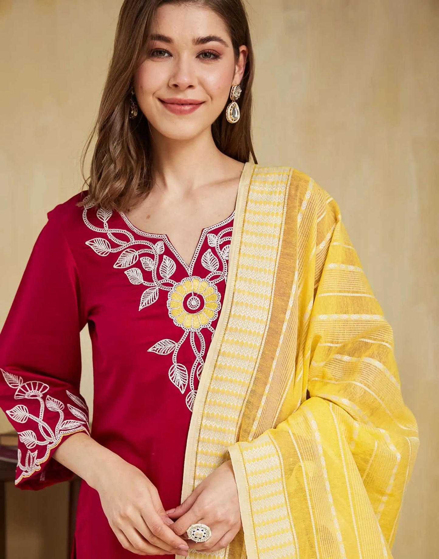 Cotton Blend Embroidery Straight Kurta with Pant & Dupatta