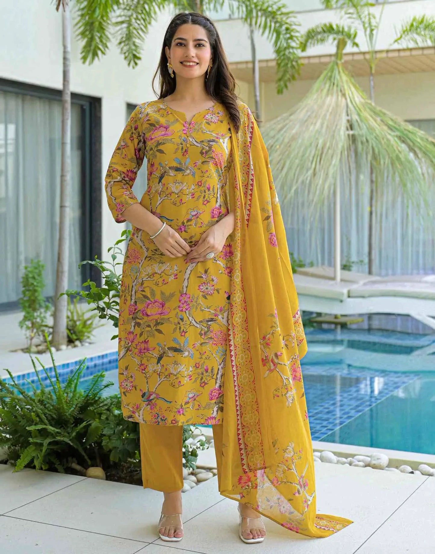 Cotton Printed Straight V-Neck Kurta with Pant & Dupatta