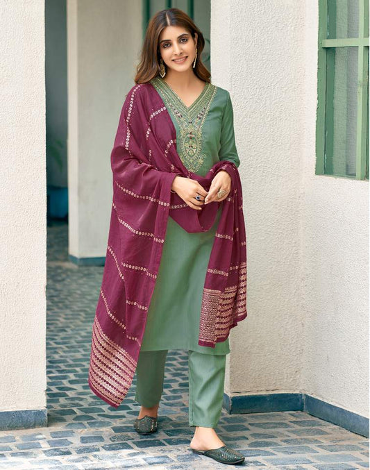 Pista Green Silk Plain Round Neck 3/4 Sleeve Straight Kurta Set With Pant & Dupatta