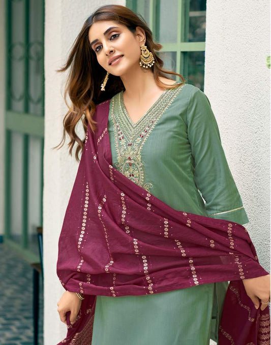 Pista Green Silk Plain Round Neck 3/4 Sleeve Straight Kurta Set With Pant & Dupatta