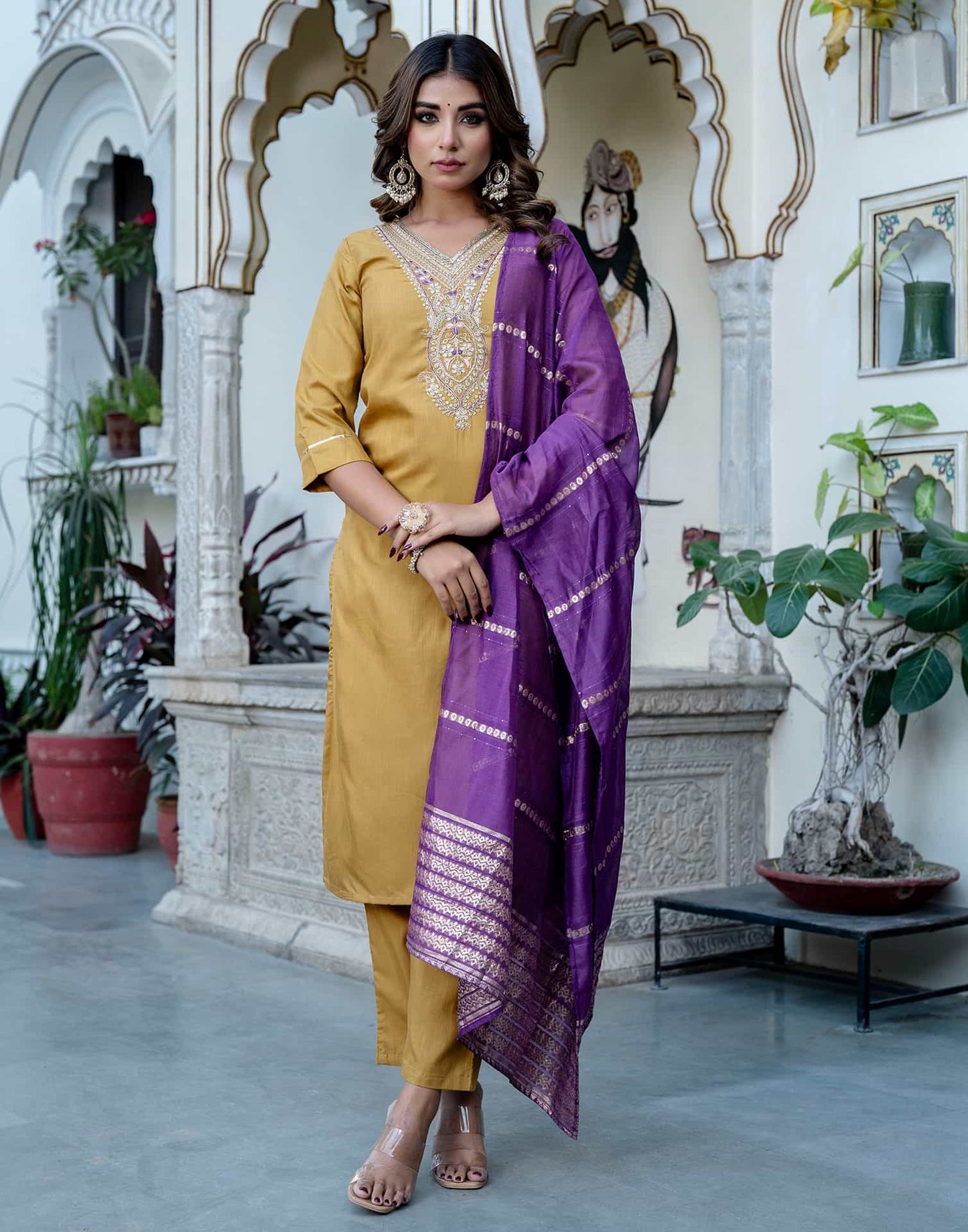 Cotton Blend Embroidered Straight Kurta with Pant & Dupatta