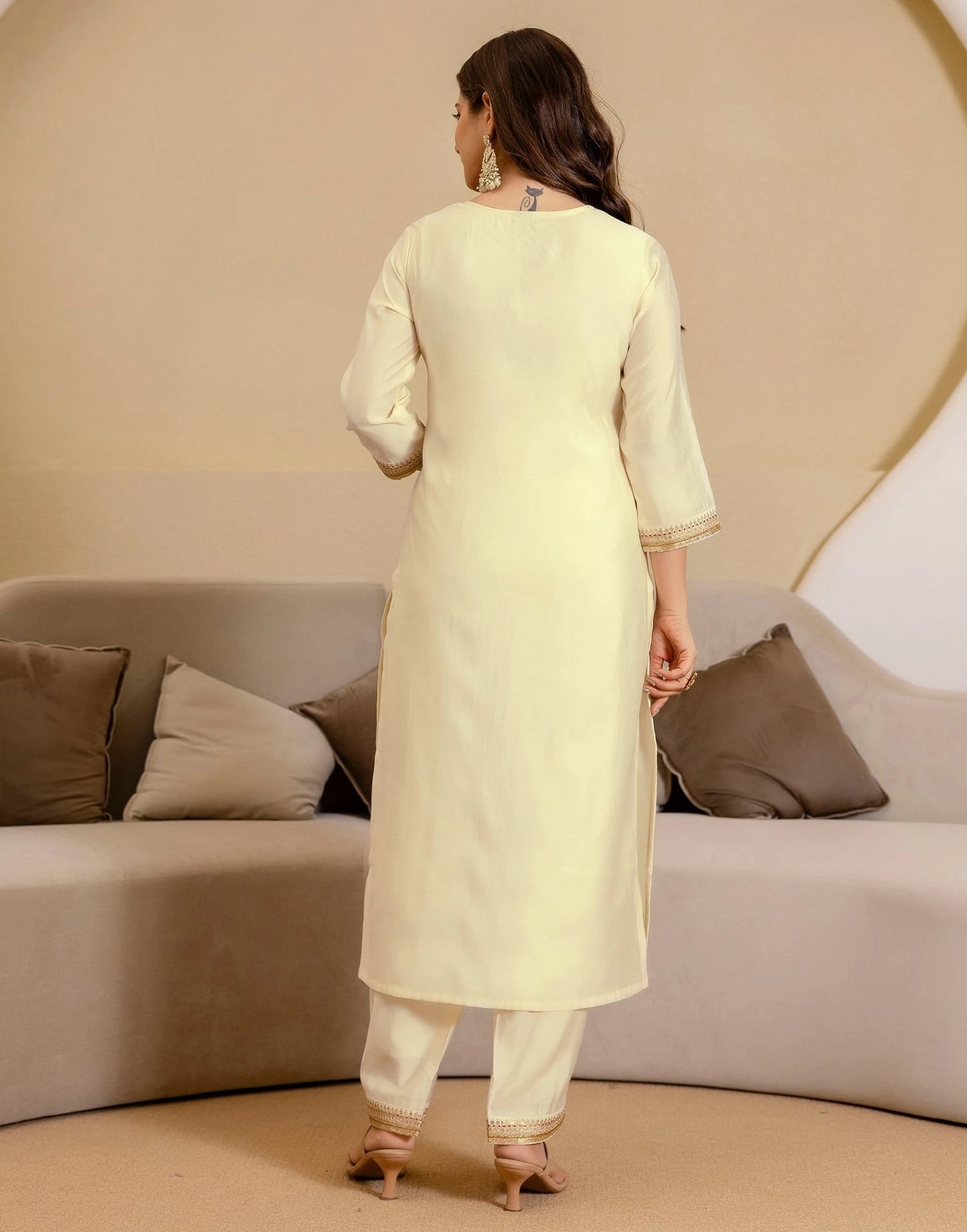 Affordable Beige Silk Embroidered Straight Kurta Set under 1299