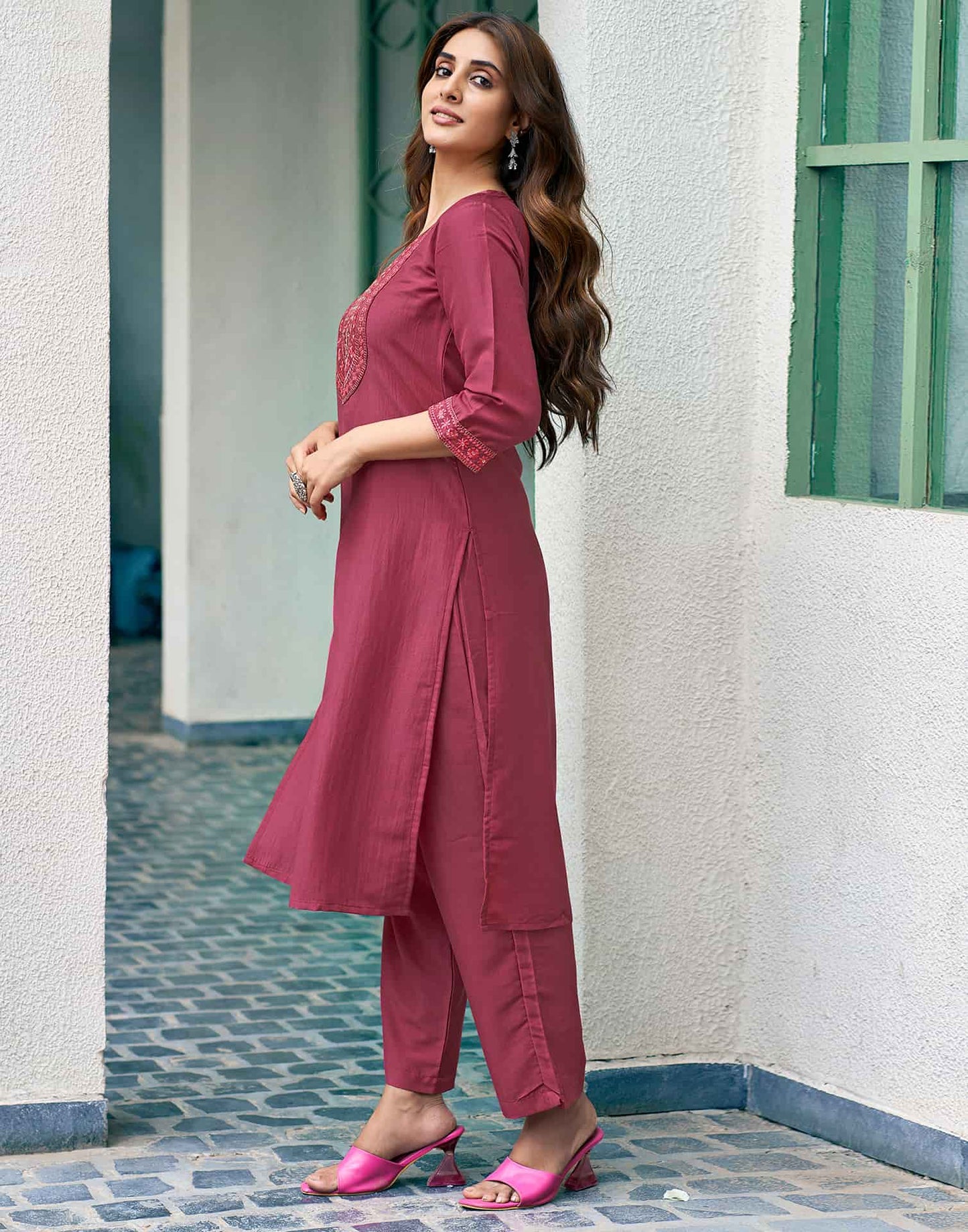 Silk Blend Dyed, Sequence Embroidery Work and Lace Straight Kurta with Pant & Dupatta