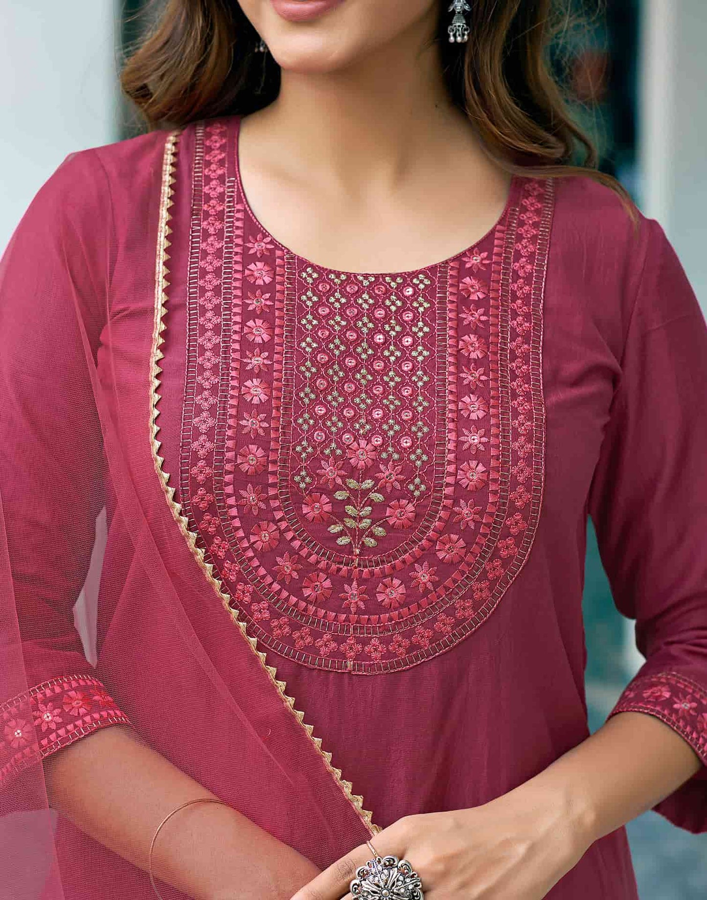 Silk Blend Dyed, Sequence Embroidery Work and Lace Straight Kurta with Pant & Dupatta