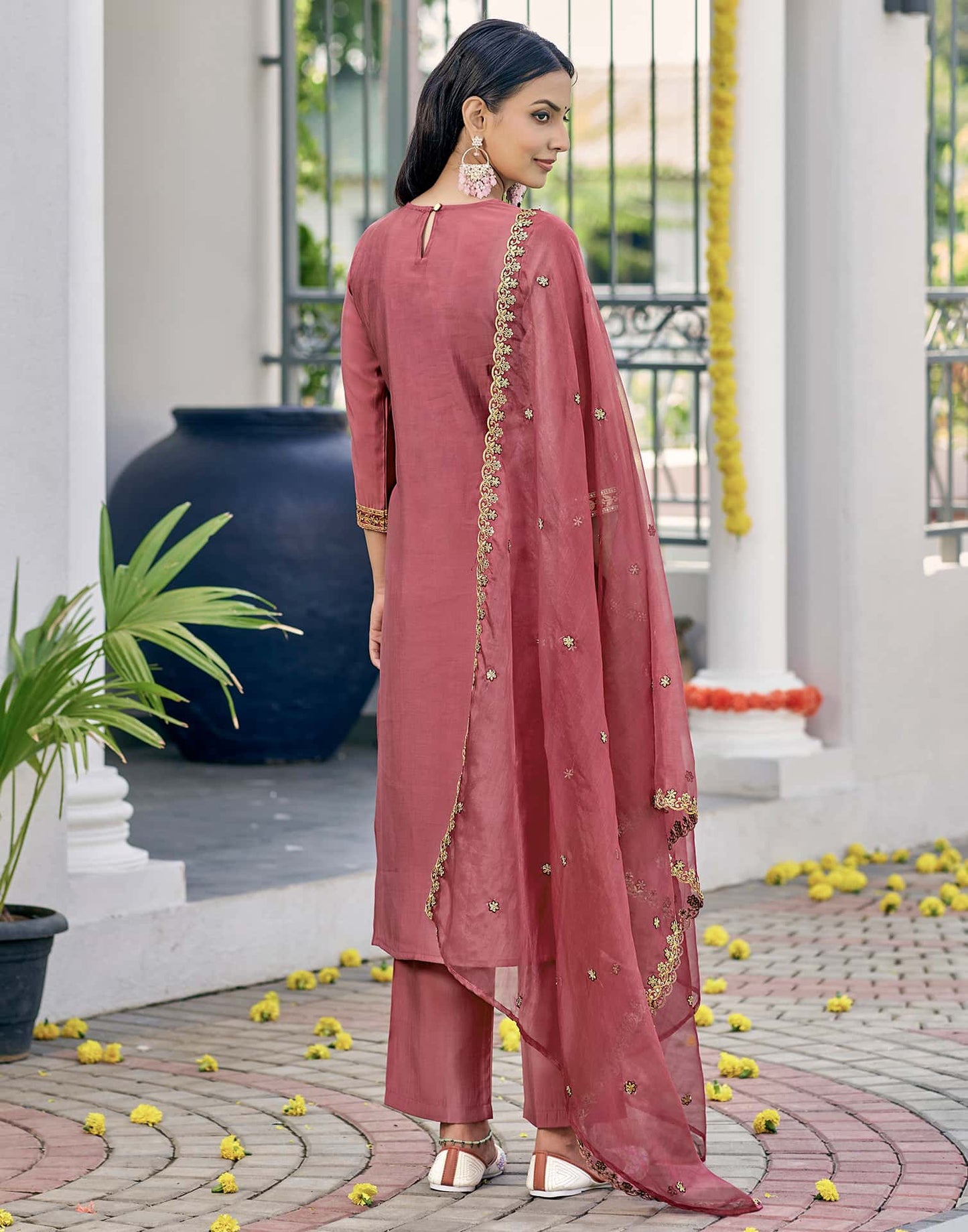 Silk Blend Sequence and Embroidery Work Straight Kurta with Pant & Dupatta