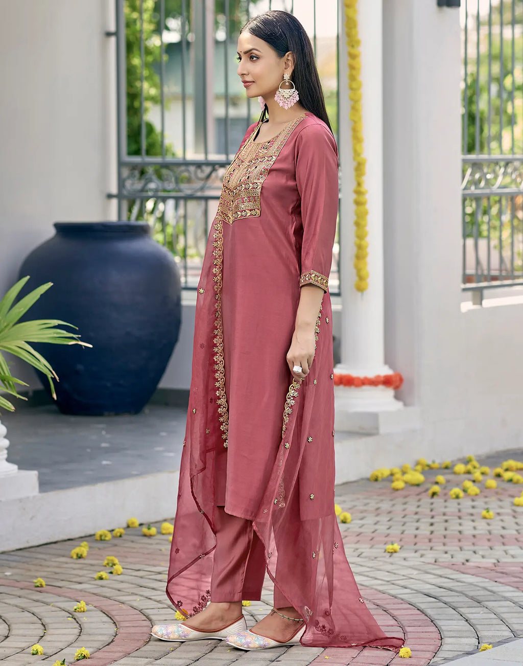 Silk Blend Embroidered Straight 3 Piece Kurta Set