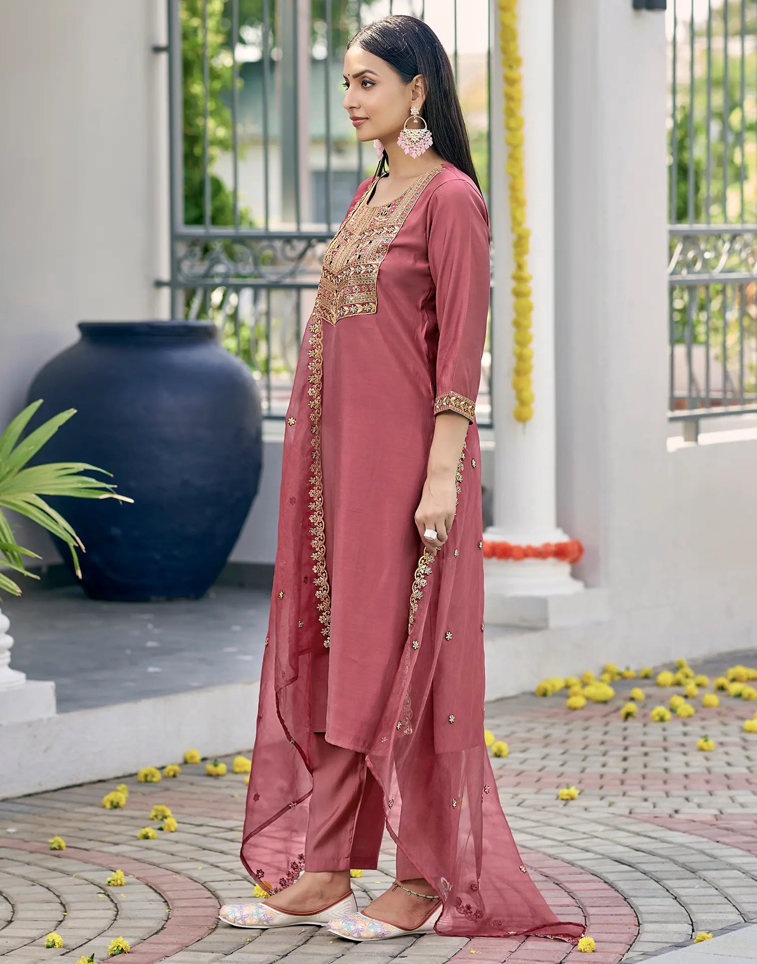 Silk Blend Embroidered Straight 3 Piece Kurta Set