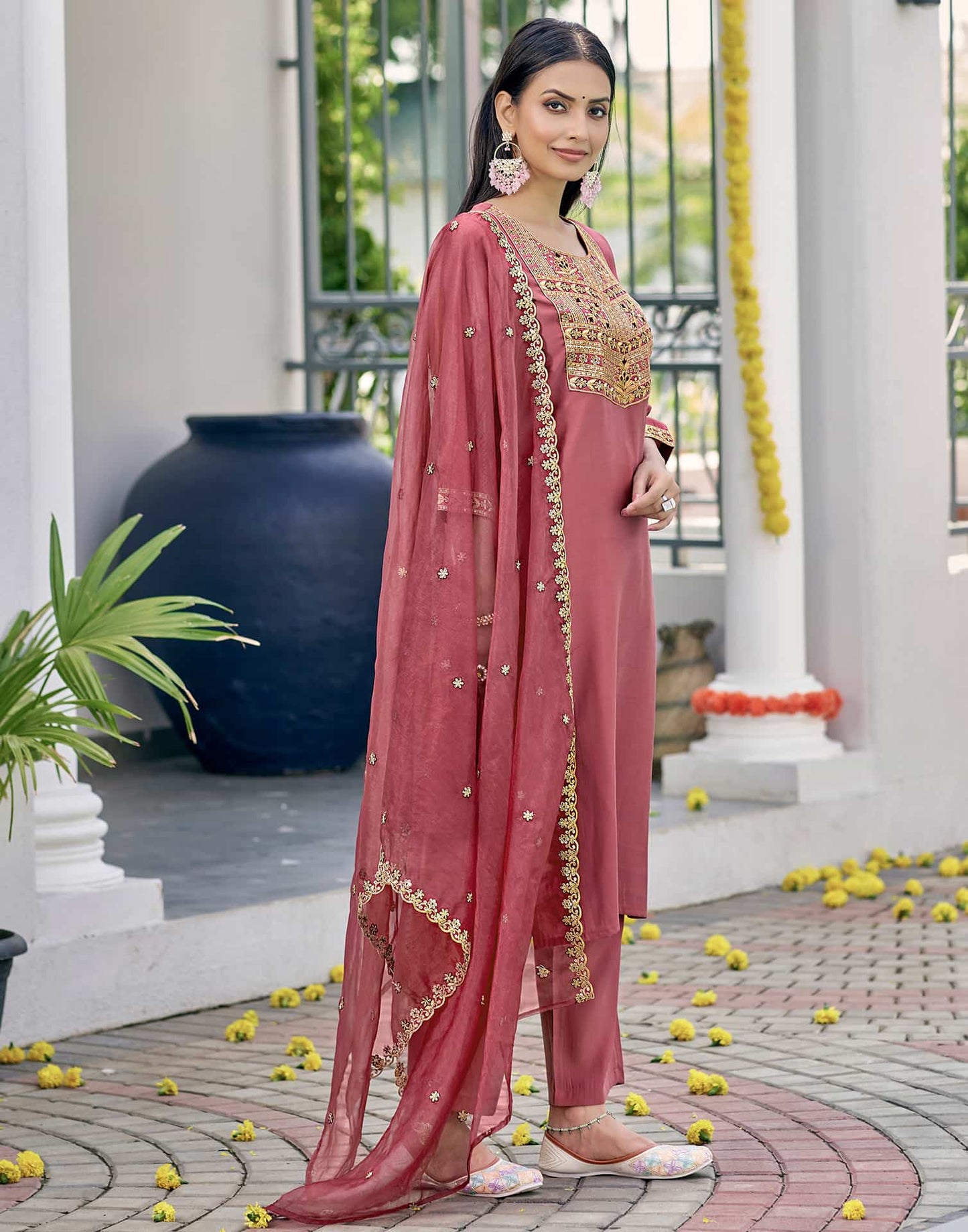 Silk Blend Sequence and Embroidery Work Straight Kurta with Pant & Dupatta