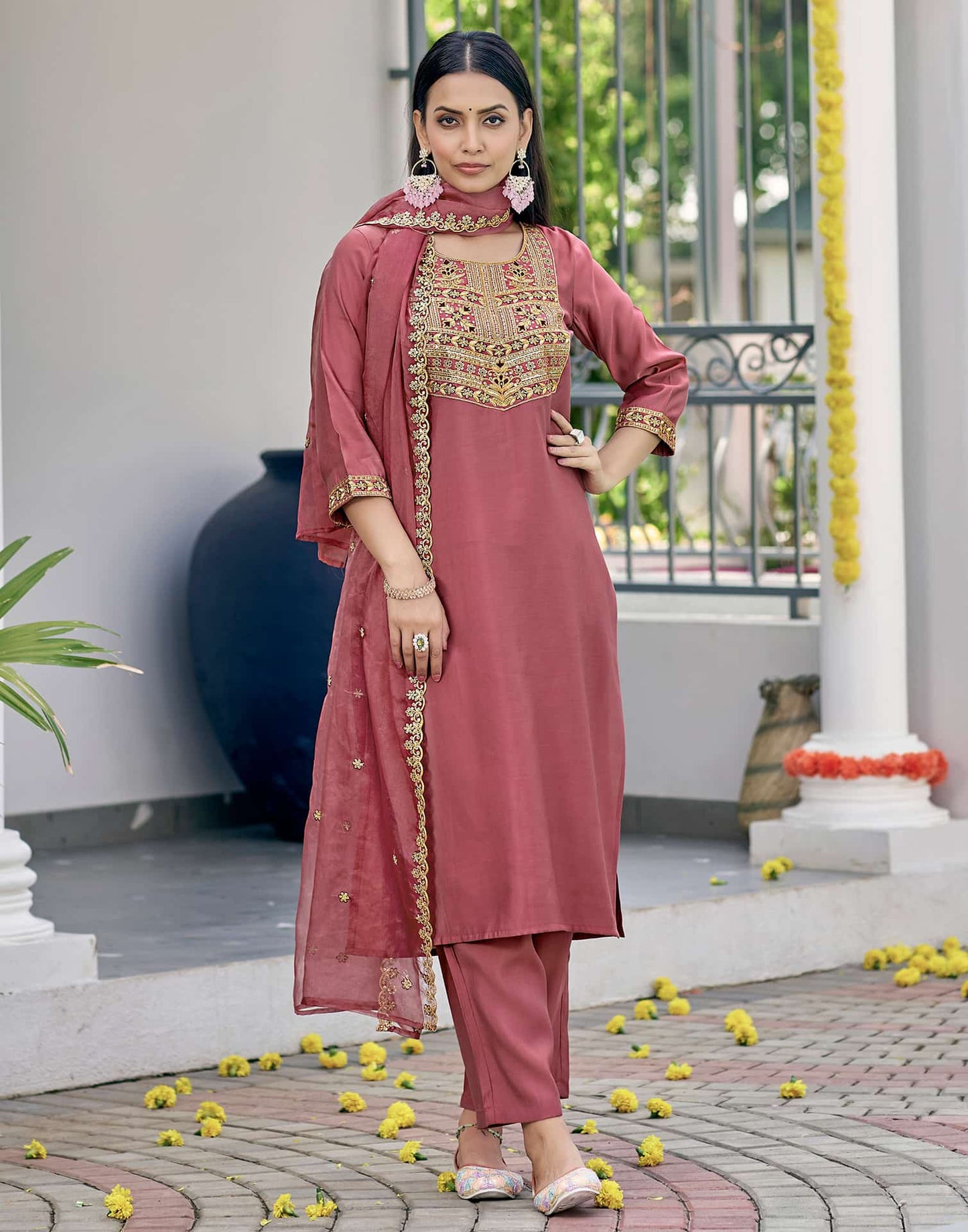 Silk Blend Sequence and Embroidery Work Straight Kurta with Pant & Dupatta