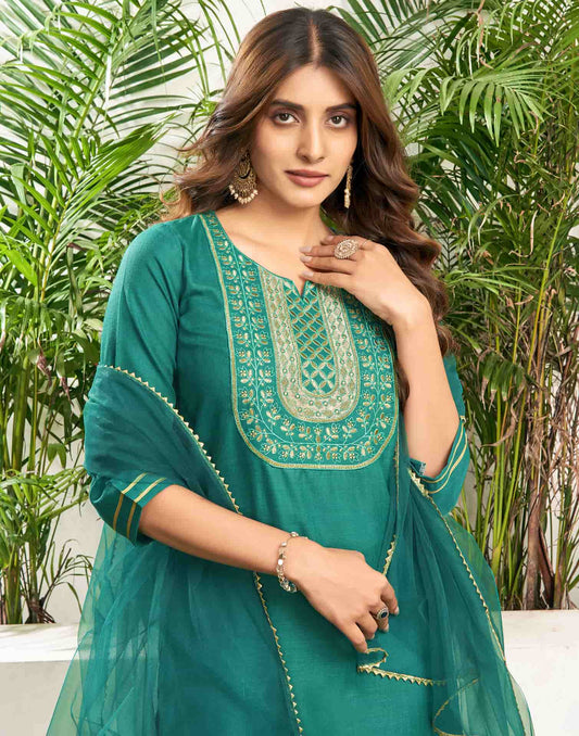 Cotton Blend Embroidery and Lace Straight Kurta with Pant & Dupatta