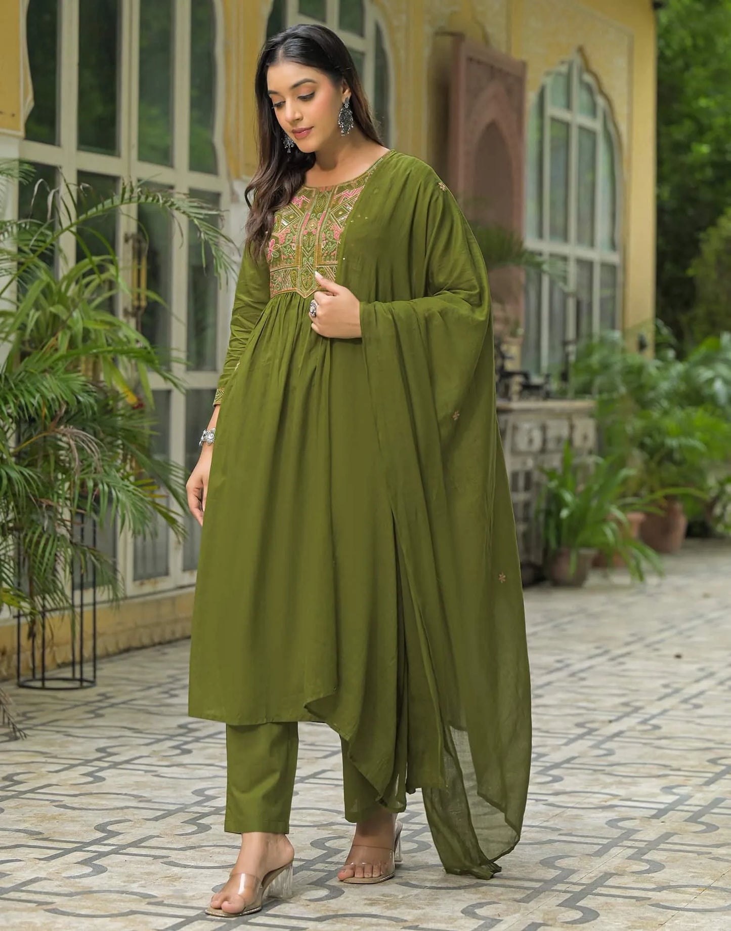 Cotton Embroidered A-line Kurta with Pant & Dupatta